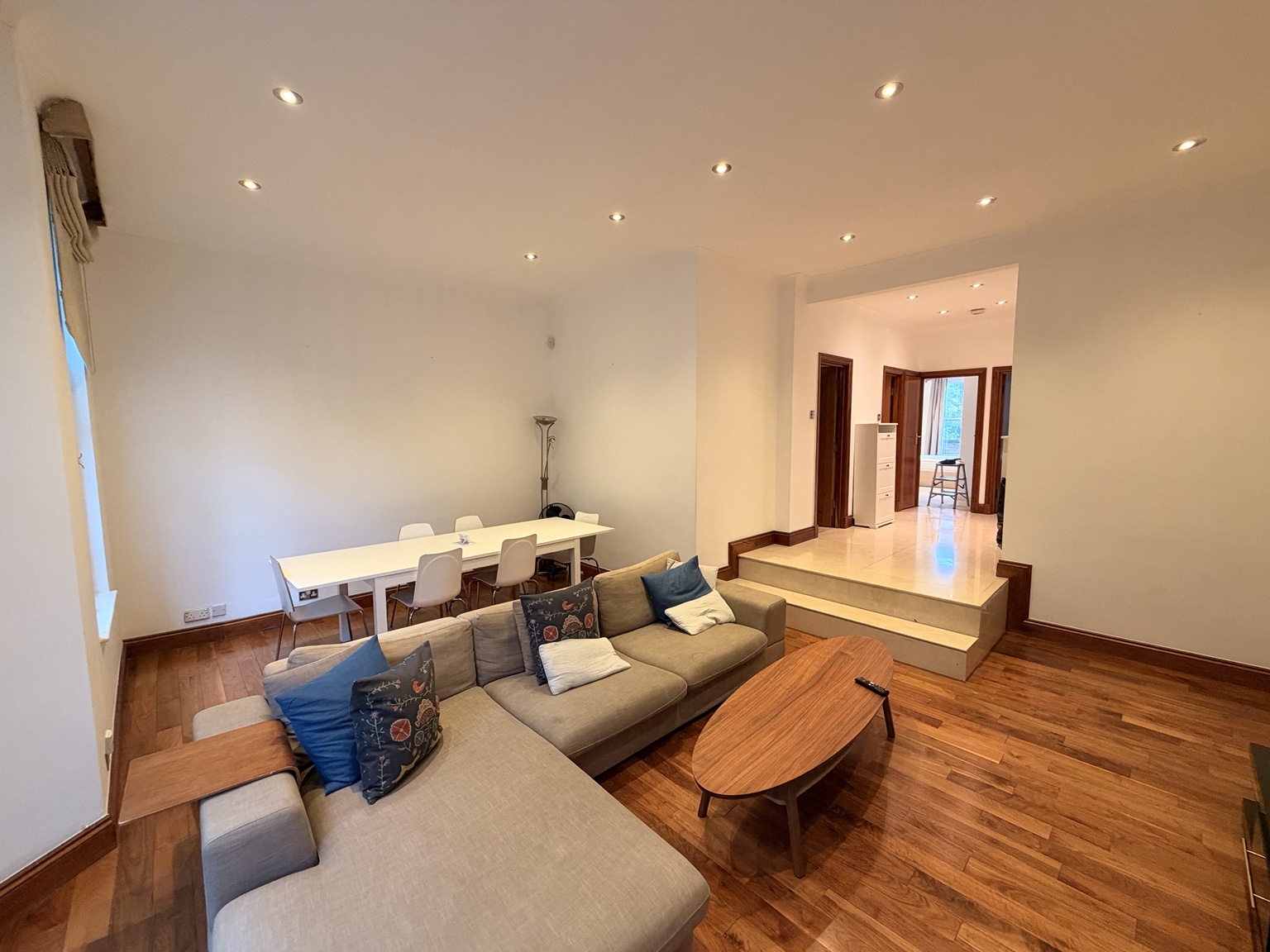 Downlights across the living and dining area of our completed Maida Vale installation