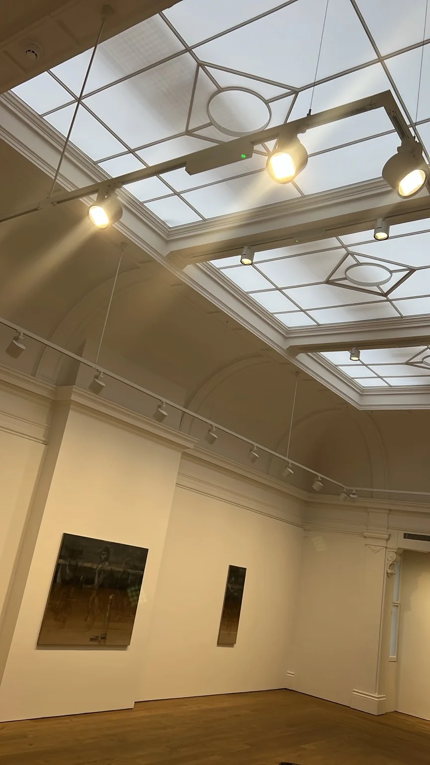 A second view of illuminated gallery track lights and the glazed ceiling